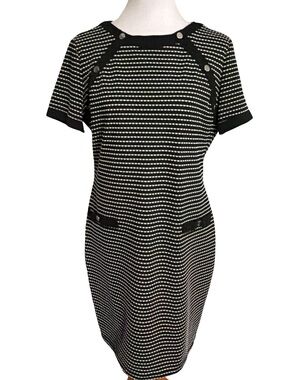 JULIO Fitted Black and White Striped Short Sleeve Midi Dress